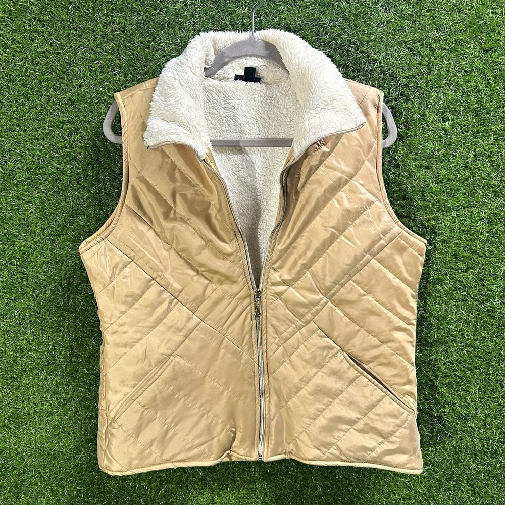 Hannah Women's Beige Quilted Vest Sherpa Collar Zip Lined Size L
